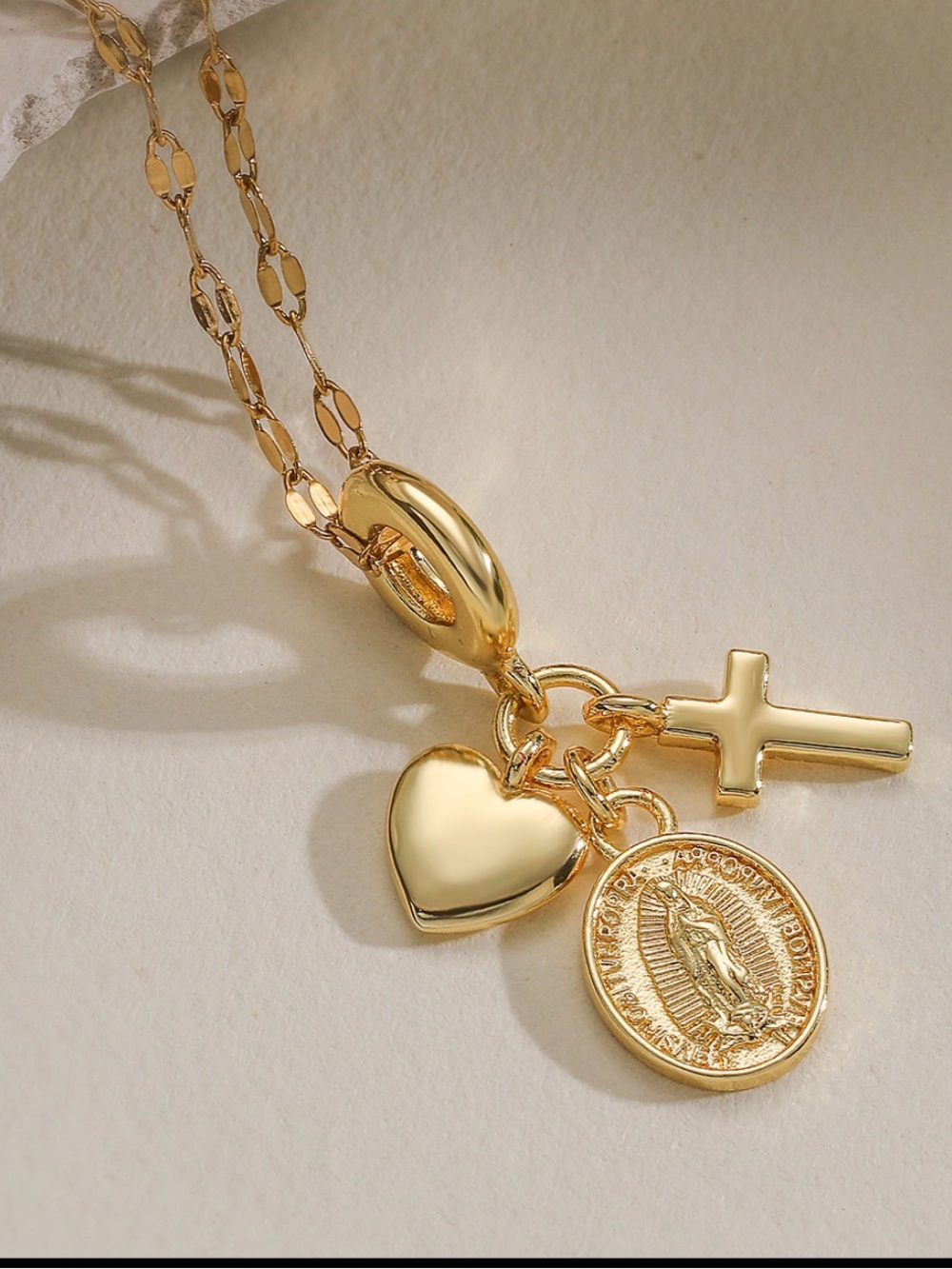 Gold Heart, Cross & Medal Charm Necklace - Women Jewelry